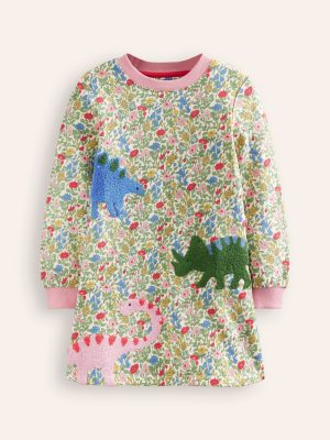Ida Sweatshirt Appliqu?? Dress-Multi Meadow Floral Dinosaurs