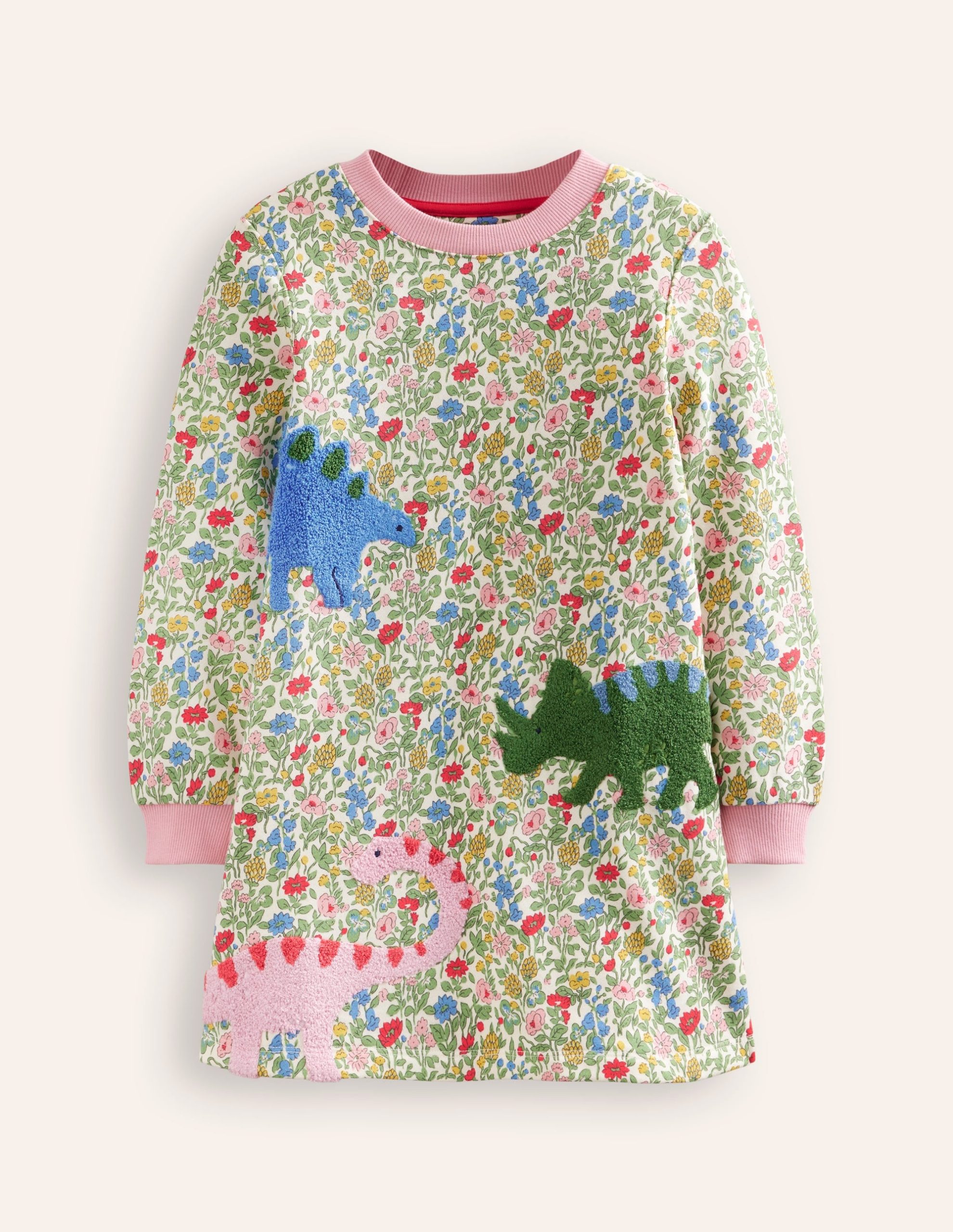 Ida Sweatshirt Appliqu?? Dress-Multi Meadow Floral Dinosaurs