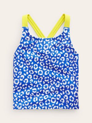 Cross Back Tankini Top-Blue Leopard
