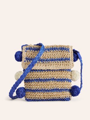 Cross-Body Straw Bag-Blue Stripe Poms