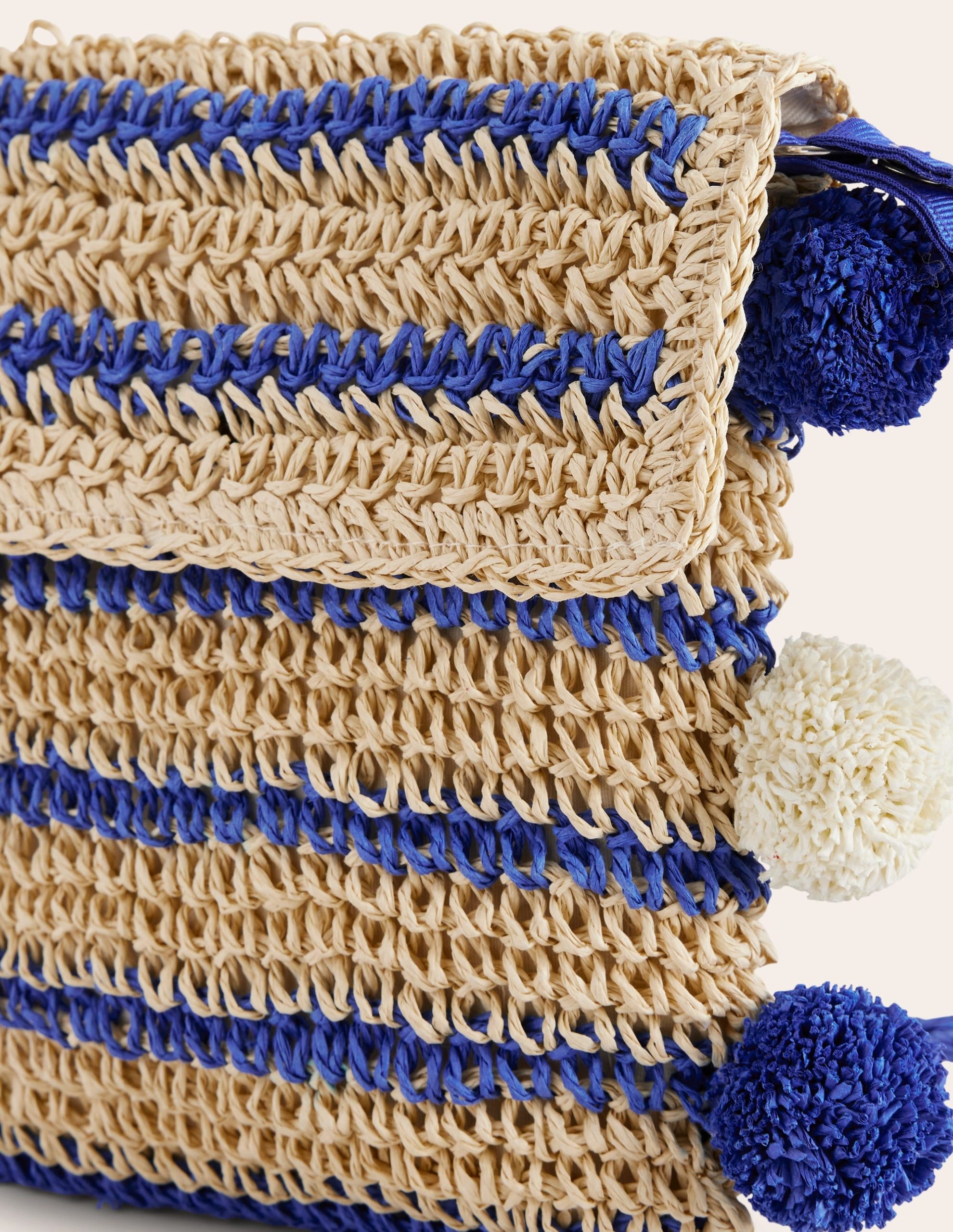 Cross-Body Straw Bag-Blue Stripe Poms - Image 2