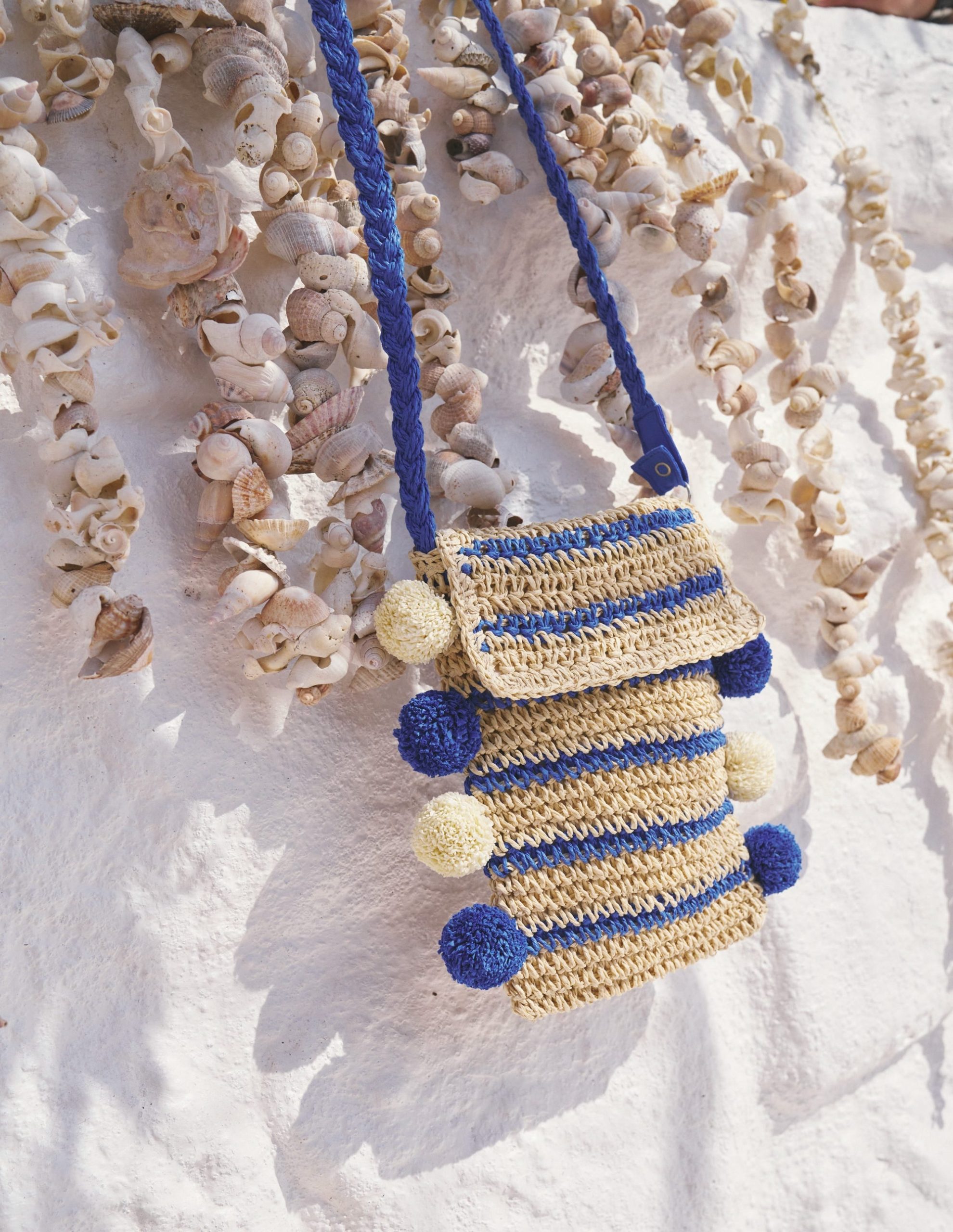 Cross-Body Straw Bag-Blue Stripe Poms - Image 3