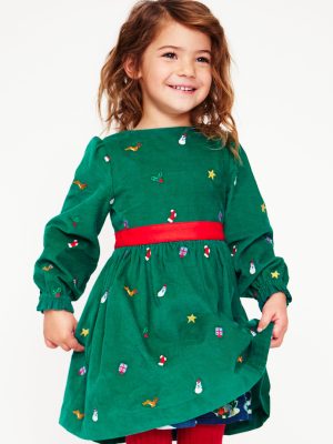 Peggy Cord Party Dress-Jewel Green Festive Embroidery