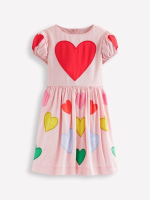 Puff Sleeve Heart Dress-Light Pink Hearts