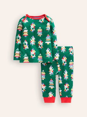 Snug Single Long John Pyjamas-Jewel Green Trees