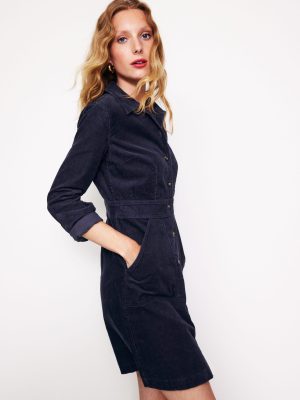 Flora Cord Shirt Dress-Navy