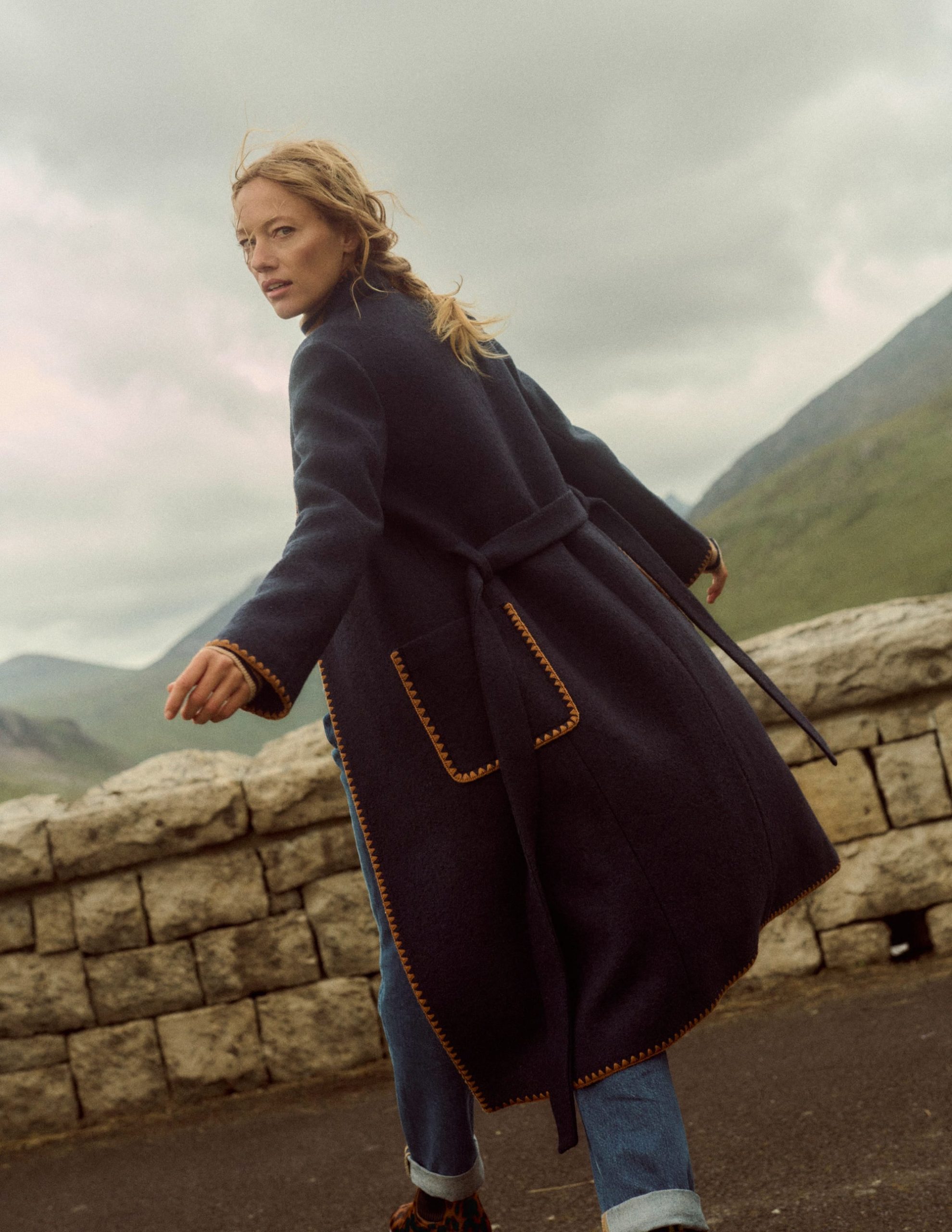 Blanket Stitch Wrap Coat-Navy - Image 5