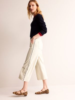 Side Stripe Wide Crop Jeans-Ecru