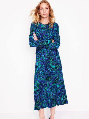 Twisted Waist Jersey Dress-Blue. Kaleidoscopic Paisley