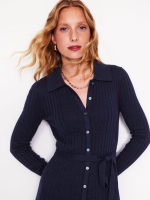 Rachel Knitted Shirt Dress-Navy