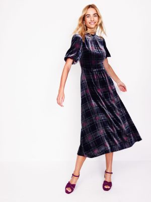 High Neck Velvet Dress-Navy and Red Check