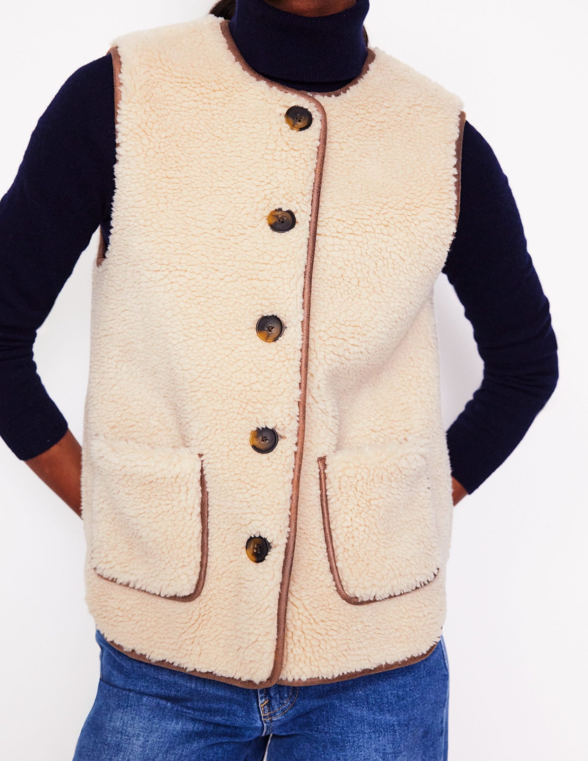 Clerkenwell Borg Button Gilet-Natural Faux Fur - Image 2