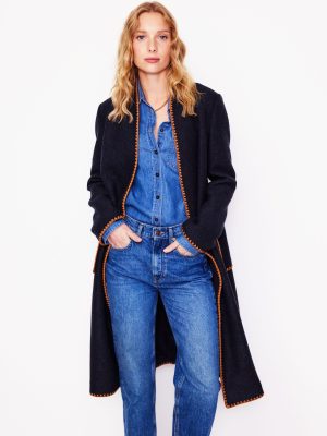 Blanket Stitch Wrap Coat-Navy