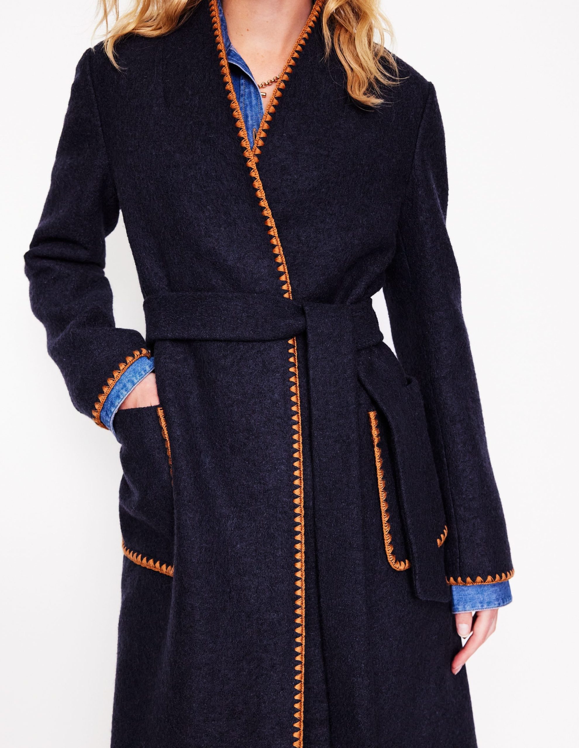 Blanket Stitch Wrap Coat-Navy - Image 2