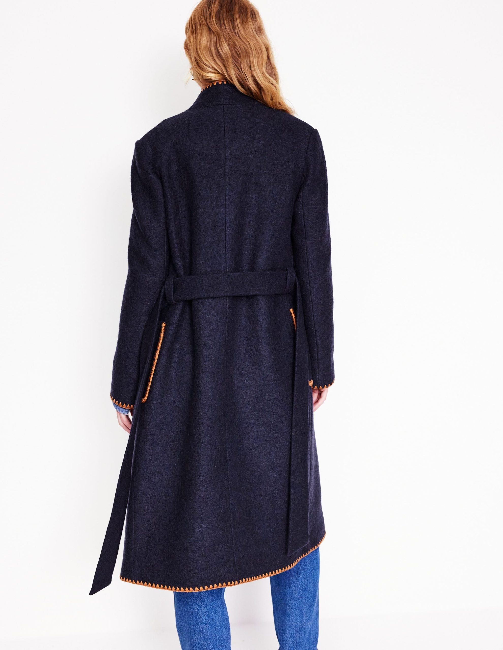 Blanket Stitch Wrap Coat-Navy - Image 3