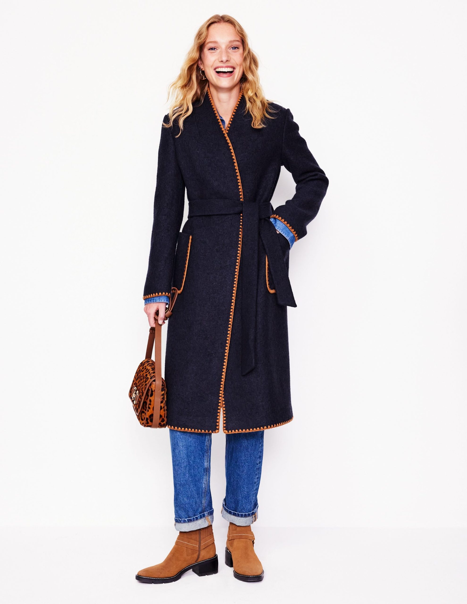 Blanket Stitch Wrap Coat-Navy - Image 4
