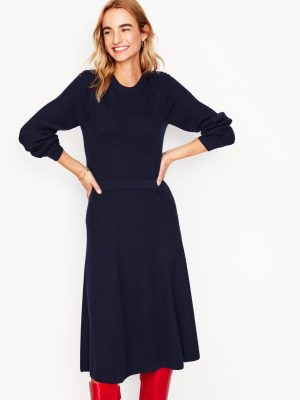 Button Shoulder Knitted Dress-Navy