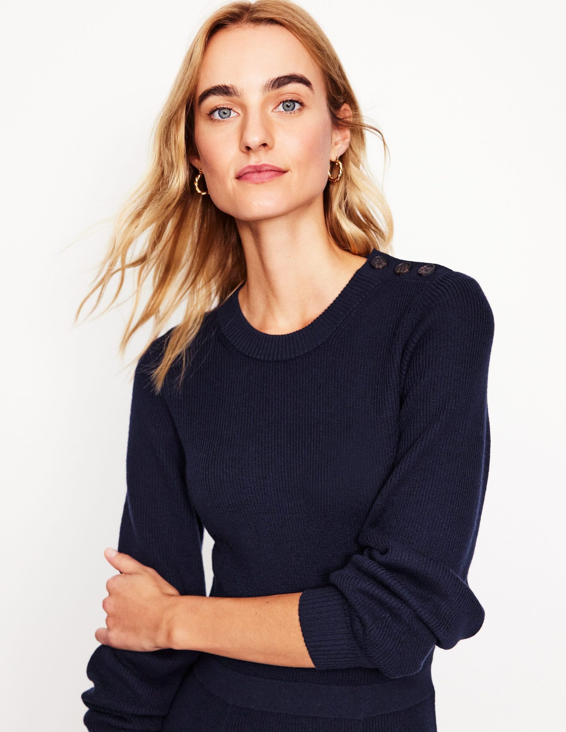 Button Shoulder Knitted Dress-Navy - Image 2