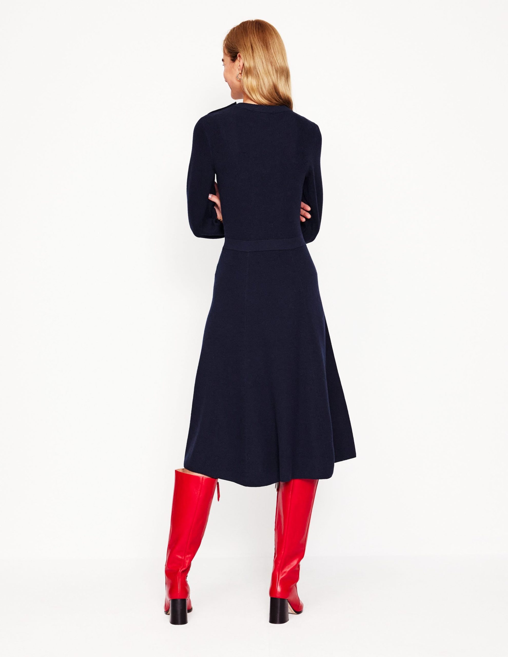 Button Shoulder Knitted Dress-Navy - Image 3