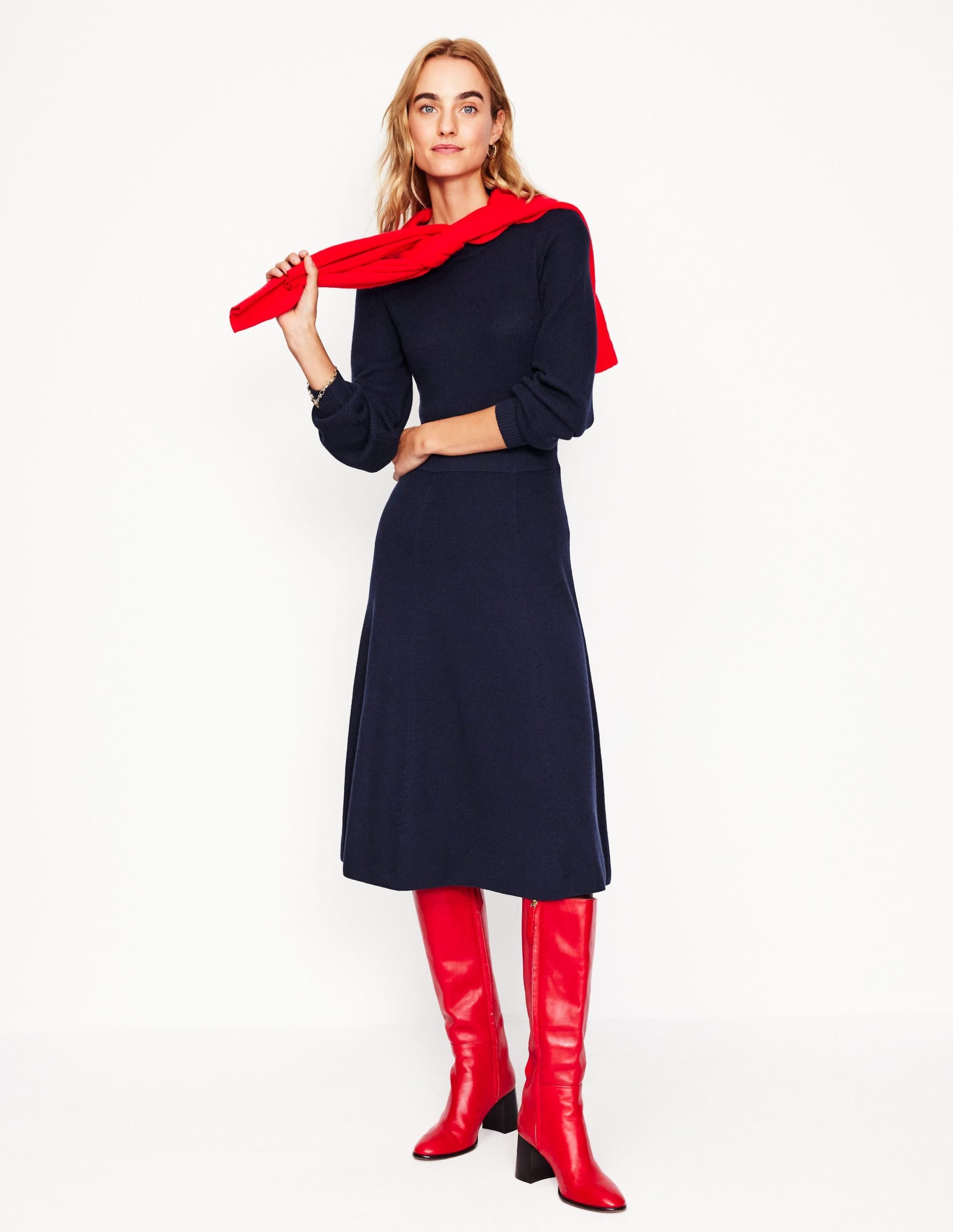 Button Shoulder Knitted Dress-Navy - Image 4