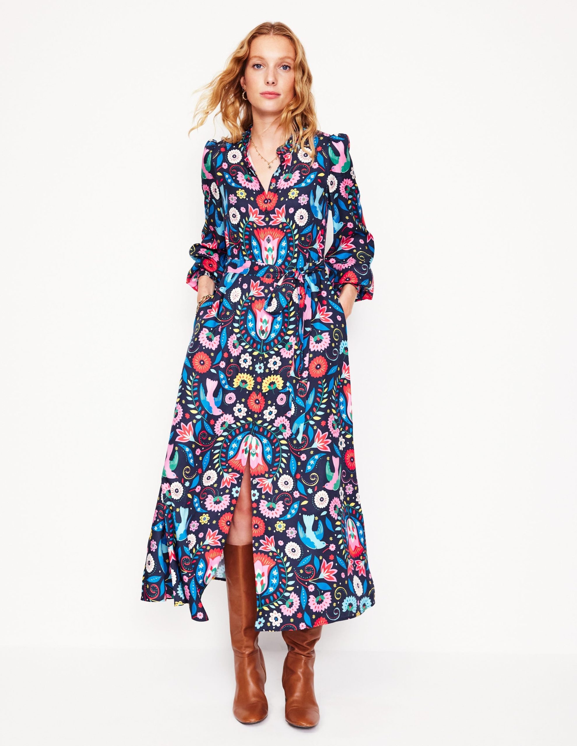 Ruby Collarless Shirt Dress-French Navy. Decorative Garden - Image 3