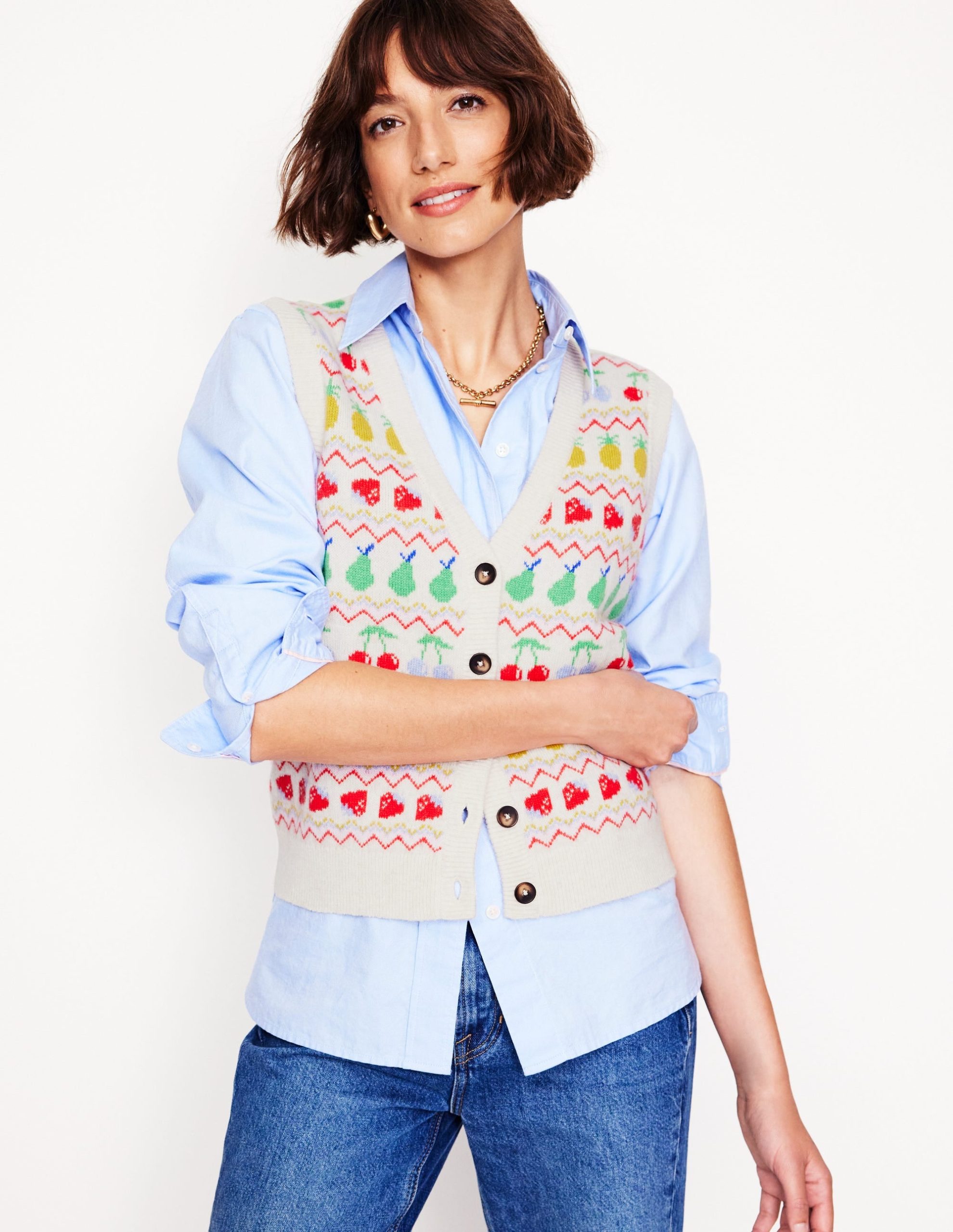 Edie Fair Isle Waistcoat-Ecru Marl. Fruit