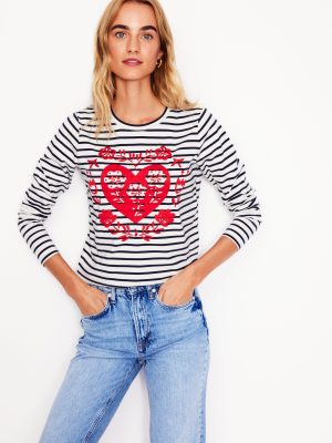 Novelty Long Sleeve Jersey Top-Ivory. Navy Heart