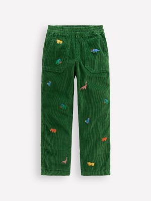 Pull-on Cord Trousers-Prehistoric Animals Embroidery