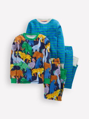 Snug Twin Pack Pyjamas-Prehistoric Animals and Stripe
