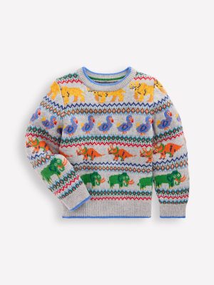 Fair Isle Sweater-Grey Marl Prehistoric Animals