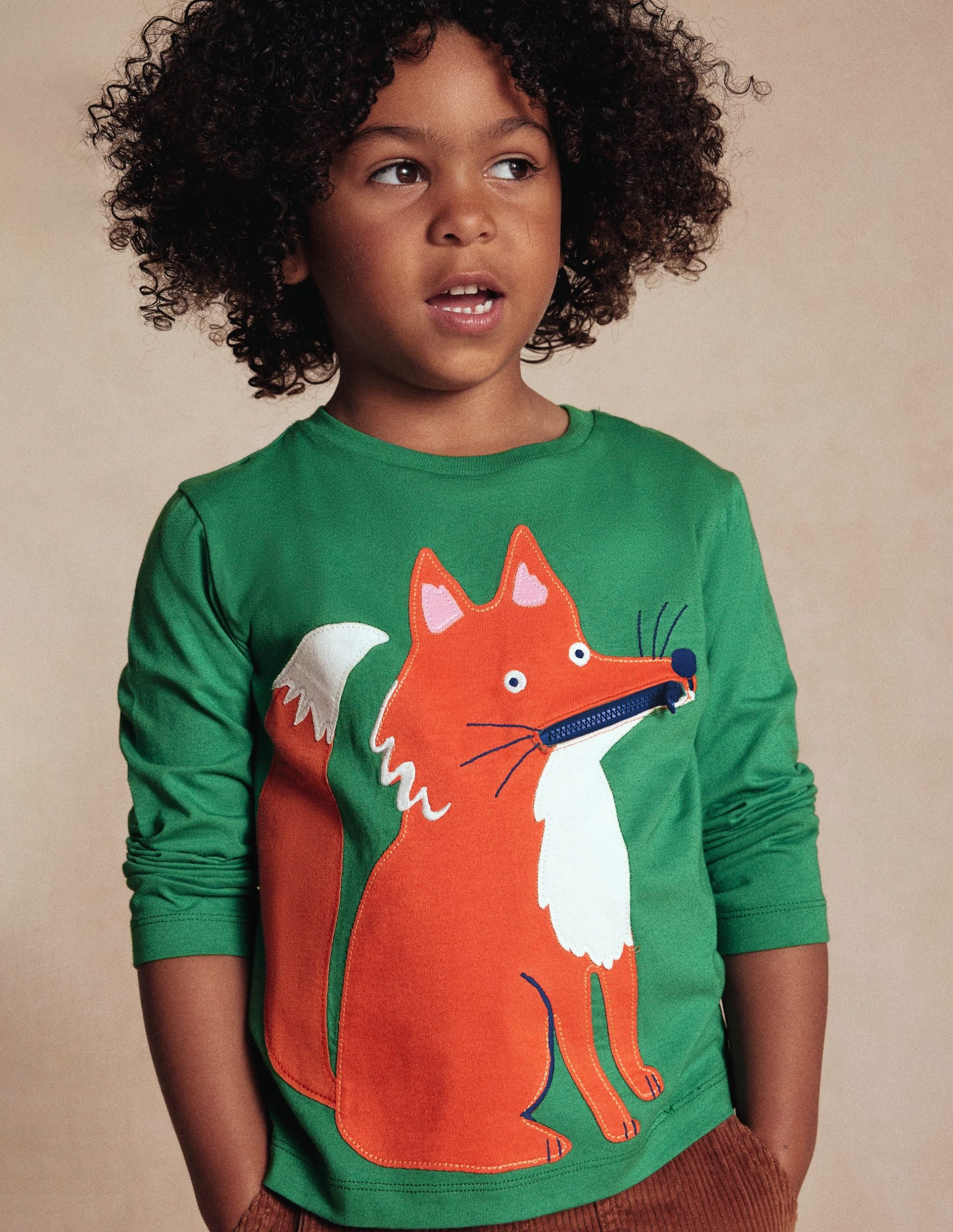 Zip Detail Appliqu?? T-shirt-Shady Green Fox - Image 4