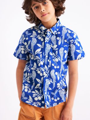 Cotton Linen Shirt-Blue Parrot Palm