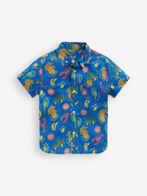 Cotton Linen Shirt-Bright Blue Tropical Print