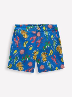 Cotton Linen Shorts-Bright Blue Tropical Tile