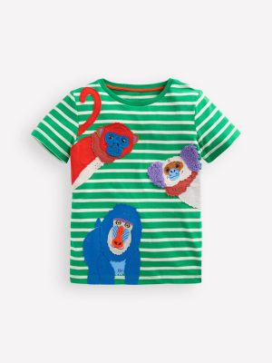 Short Sleeve Appliqu?? T-shirt-Bright Green Striped Monkeys