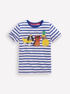 Short Sleeve Appliqu?? T-shirt-Bright Blue Stripe Fruit Dogs