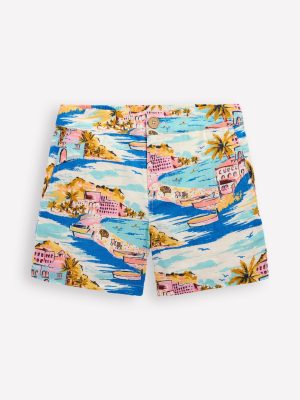 Cotton Linen Shorts-Multi Coastal Scene