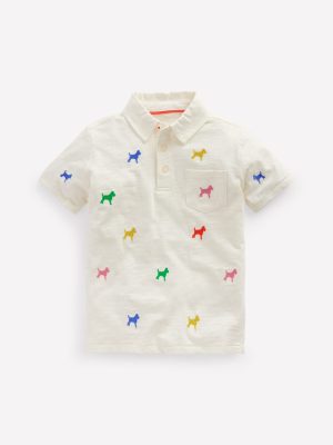 Embroidered Slub Polo Shirt-Ivory Rainbow Janet