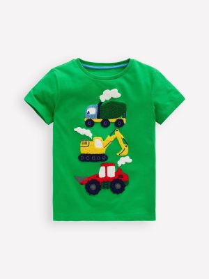 Short Sleeve Boucl?? T-shirt-Green Construction Vehicles