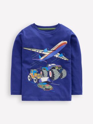 Long Sleeve Printed T-shirt-Sapphire Blue Vehicles