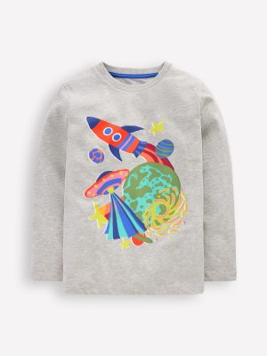 Long Sleeve Printed T-shirt-Grey Marl Space