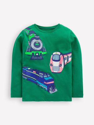 Long Sleeve Printed T-shirt-Pine Green Trains