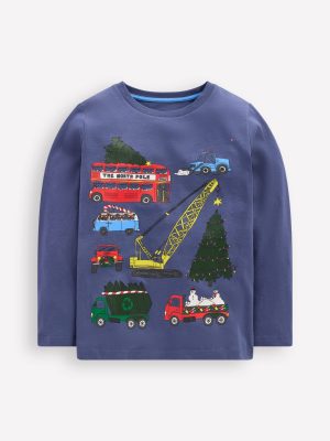 Long Sleeve Printed T-shirt-Christmas Vehicles