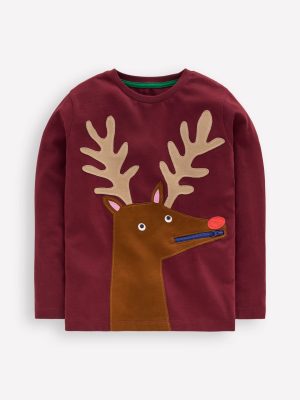 Zip Detail Appliqu?? T-shirt-Port Reindeer