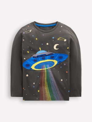 Zip Detail Appliqu?? T-shirt-Phantom UFO