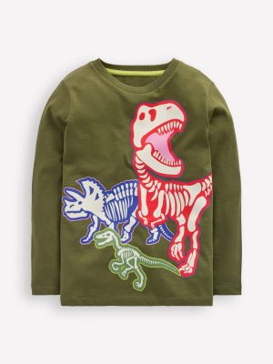 Long Sleeve Glow T-shirt-Winter Moss Dino Skeletons