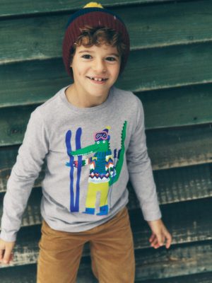 Long Sleeve Novelty T-shirt-Grey Marl Skiing Croc