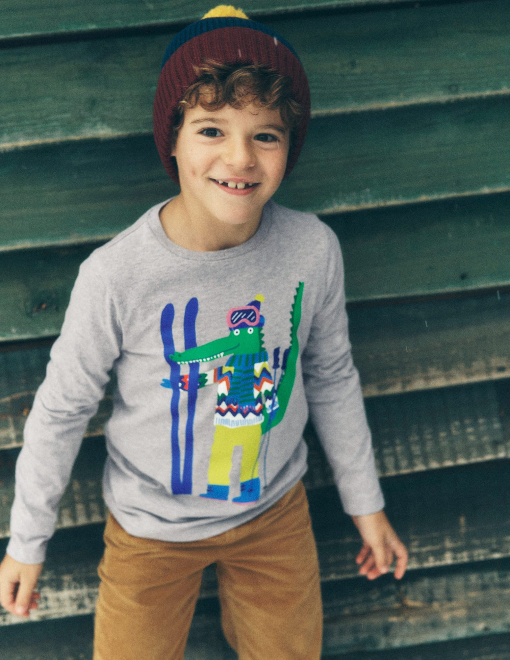 Long Sleeve Novelty T-shirt-Grey Marl Skiing Croc