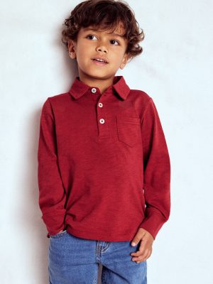 Long Sleeve Slub Polo-Red Liquorice