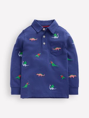 Embroidered Slub Polo Shirt-Starboard Blue Dino